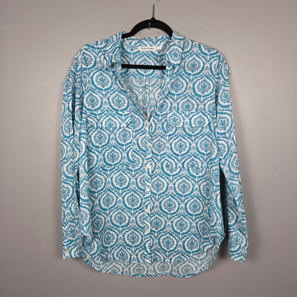 Roller Rabbit Women's Button Down Shirt M Cotton Geometric Print Blue White